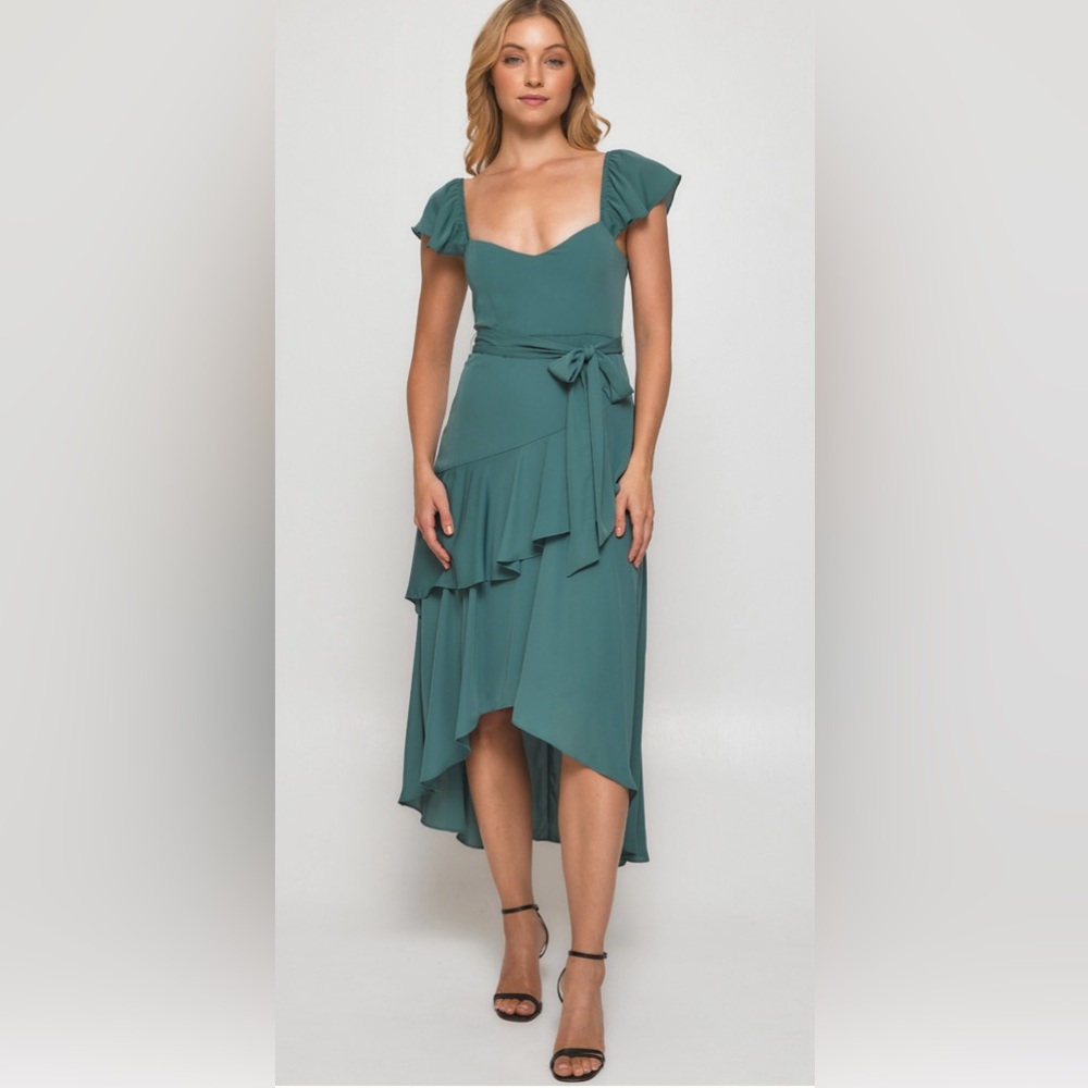 AJoy butterfly sleeve tiered maxi dress, dark teal color, size 8, EUC